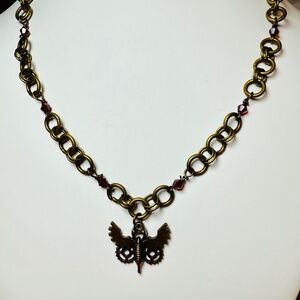 Steampunk Style Brass Butterfly Pendant Jump Ring & Red Crystal Chain Necklace
